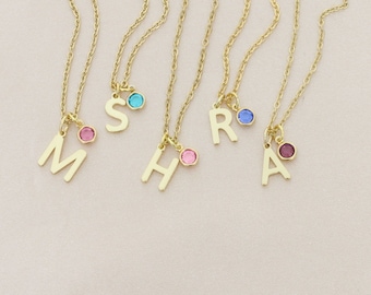 Girls Initial Necklace • Bridesmaid Necklace • Dainty Gold Initial Charm • Choose Birthstone Color Crystal • Mini Letter Necklace Wedding