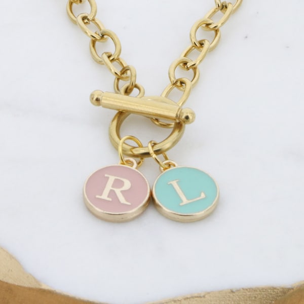 Toggle Initial Necklace • Easter Basket Friend Gift • Multicolored Pastel Letter Charm • Sister Necklace • Round Double Sided • Rolo Chain