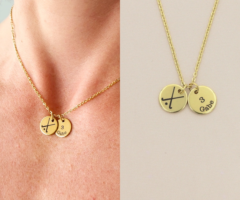collage of model wearing necklace and closeup of gold necklace with two discs showing field hockey symbol and number name of player on cream background