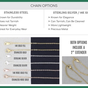DistinctlyIvy chain options showing facts on sterling vs stainless silver and 14K gold filled vs stainless gold. Picture shows six chain ends- lobster clasps in silver, gold, and rose gold. Second photo shows chain extender.