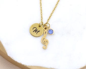Colar com Clave de Sol, Inicial Personalizada e Pedra de Nascimento, Presente para Professor de Música