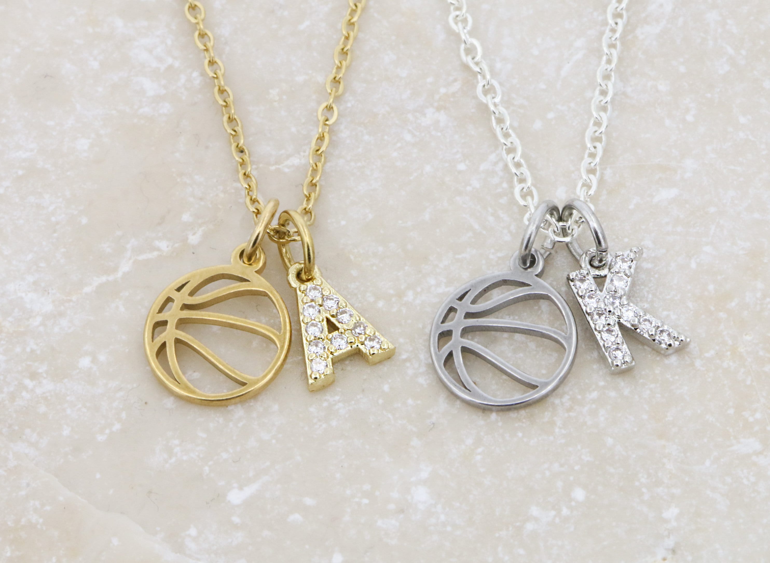 Personalized Basketball Necklace Sports Mom • CZ Initial Pave Crystal Gold • Coach Jewelry Team Gift • Gold Basketball Outline Player Gift