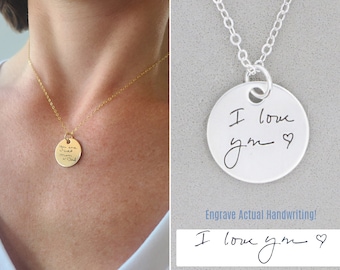 Actual Handwriting Charm • Signature Disc Necklace • Sterling Silver Round Disc • 14K Gold Custom Personalized Family Memorial Loss Jewelry