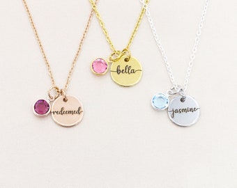 Simple Name Necklace Gift • Birthstone Crystal Name Gift • Waterproof Gold • Girls Word Custom Mantra Jewelry • Tiny Charm Gift from Husband