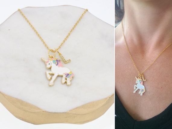 Unicorn Necklace Personalized Initial Necklace Girls Rainbow