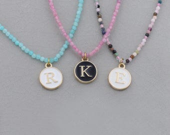 Gemstone Bead Necklace with Custom Gold Initial: Pastel, Rainbow, Multicolored