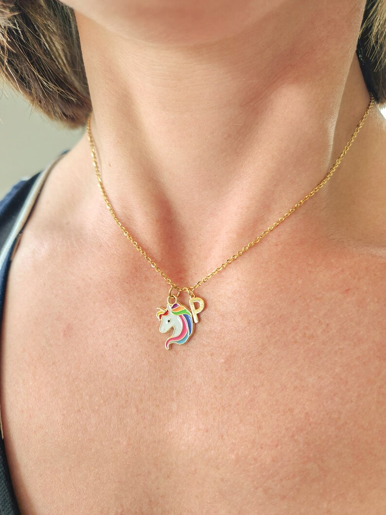 Personalized Unicorn Necklace Neon Charm Custom Gold Initial Girls Birthday Party Favor Multicolored Mythical Magical Jewelry image 2