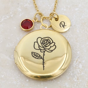 Gold Locket Necklace Mothers Day Gift Kids Birthstone Crystal Initial Personalized Mom Gift Waterproof Romantic Photo Locket