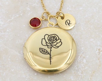 Gold Locket Necklace • Mothers Day Gift • Kids Birthstone Crystal Initial • Personalized Mom Gift • Waterproof Romantic Photo Locket