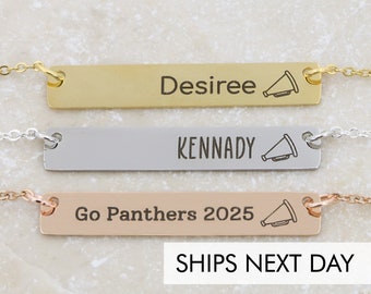 Cheer Team Gift • Megaphone Bar Necklace • Girls Squad Gift • Double Sided Gold Name Bar Necklace • Dance Team Coach Pep School Gift