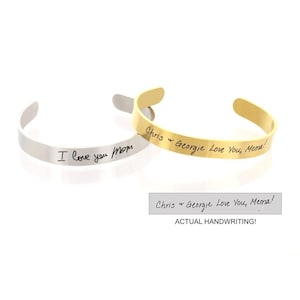 Bracelet manchette signature écriture manuscrite réelle manchette en or mots nom personnalisé gravés au laser note manuscrite réglable bracelet perte de maman papa