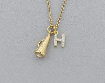 Cheerleader Necklace: Megaphone with Custom Pave Crystal Gold Initial