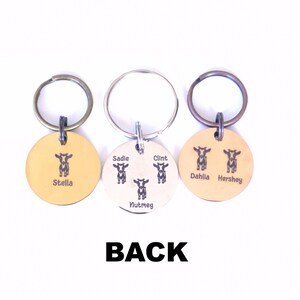 May include: Three personalized pet ID tags with key rings. The tags are round, with a cow graphic and names: "Stella", "Sadie", "Clint", "Nutmeg", "Dahlia", and "Hershey". The word "BACK" is printed in bold, black letters.