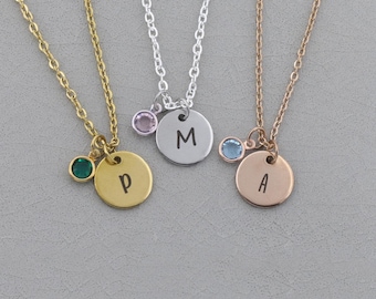 Tiny Birthstone Initial Necklace: Little Custom Engraved Disc, Crystal Jewelry