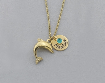 Personalized Dolphin Necklace: Custom Name & Birthstone, Little Girl Gift