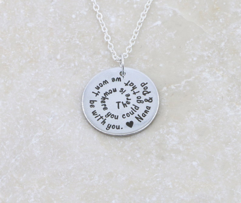 May include: Silver necklace with a round pendant that reads "There's a part of Dad & Nana that could go with you.  We are always here.  I won't be without you."