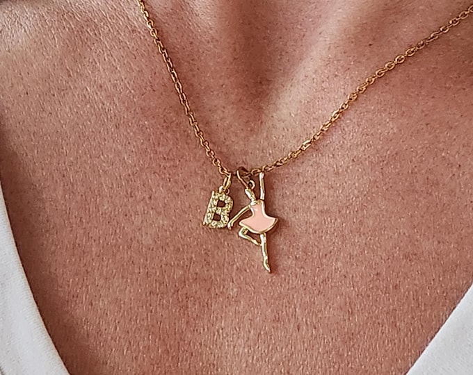 Ballerina Necklace Pave Initial : Pink Gold Dance Gift, Personalized Jewelry
