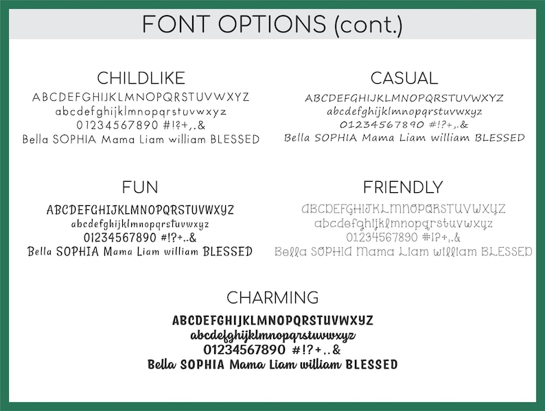 Font options chart for DistinctlyIvy with green border