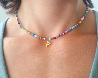 Seed Bead Necklace Multicolored Rainbow Custom Gold Initial Charm Choose Multiple Colorful Beaded Jewelry Girls Gift
