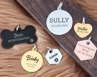 Custom Pet Tag • New Puppy Gift • Personalized Dog Tag • Dog Lover Gift • Double Sided Heart Round Hex Bone Tag • Microchipped Dog Collar ID