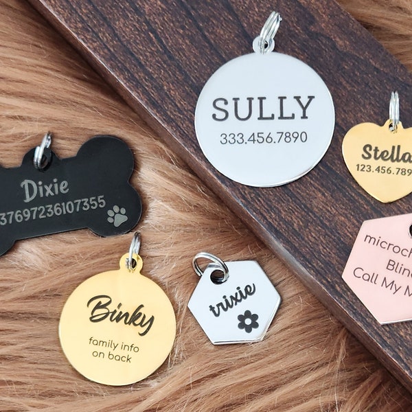 Custom Pet Tag • New Puppy Gift • Personalized Dog Tag • Dog Lover Gift • Double Sided Heart Round Hex Bone Tag • Microchipped Dog Collar ID