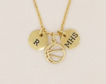 High School Sports Basketball Necklace • Sports Mom • Varsity Team Gift • Coach Jewelry Womens NCAA Fan Jewelry • Gold Outline Girls Team