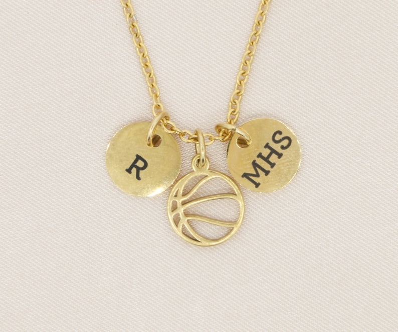 High School Sports Basketball Necklace Sports Mom Varsity Team Gift Coach Jewelry Womens NCAA Fan Jewelry Gold Outline Girls Team image 1