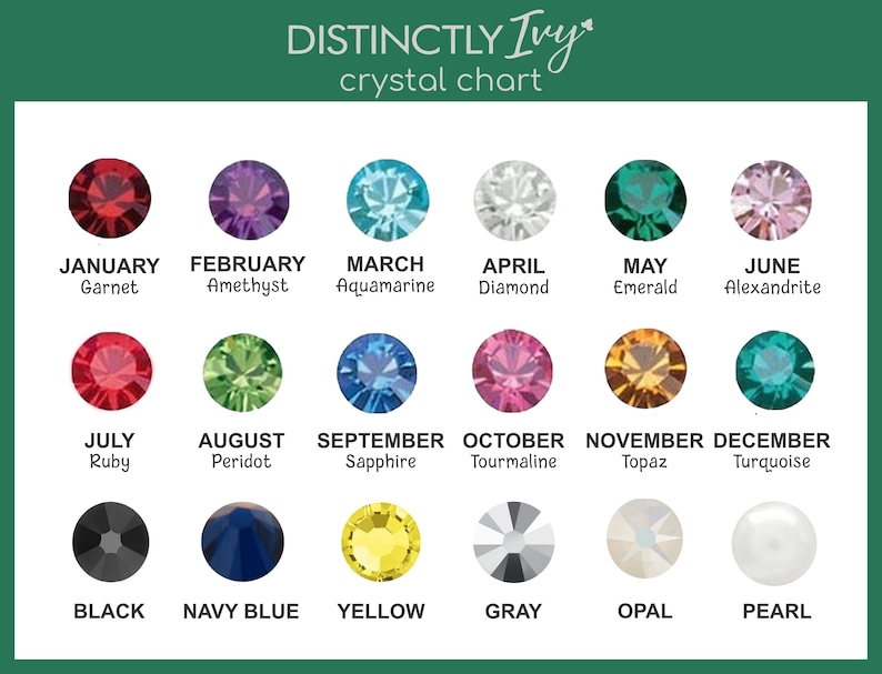 DistinctlyIvy Swarovski crystal chart including January, February, March, April, May, Jun, July, August, September, October, November, December, Black, Navy Blue, Yellow, Gray, Opal, and Pearl with dark green border.