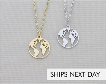 Earth Day Gift • World Map Necklace Globe Charm • Love Mother Earth • World Traveler • Waterproof Gold Stainless Steel • Location Layering