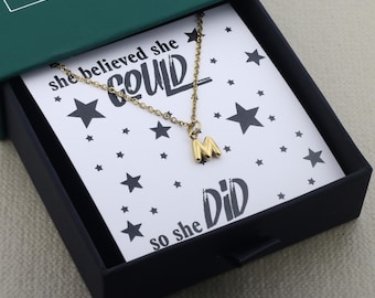 She Believed She Could Card with Balloon Letter Initial Necklace: Empowerment Gift