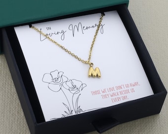 In Loving Memory Necklace Card Gold Bubble Initial Charm Jewelry on Remembrance Loss Funeral Phrase