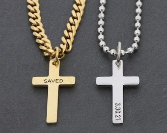 Mens Cross Necklace • Gold Curb Chain Religious Gift • Boys Baptism Jewelry • Boyfriend Christian Gift • Silver Waterproof Easter Jewelry