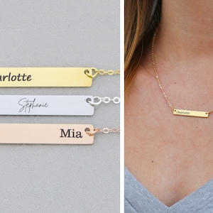 Three horizontal bar necklaces with the names "Charlotte," "Stephanie." and "Mia." Each bar is a different color: gold, silver, and rose gold. On the right, a person wears the "Charlotte" necklace.