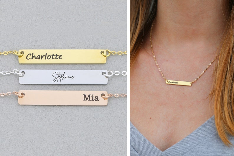 Three horizontal bar necklaces with the names "Charlotte," "Stephanie." and "Mia." Each bar is a different color: gold, silver, and rose gold. On the right, a person wears the "Charlotte" necklace.