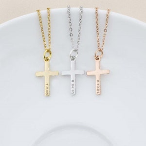 Baptism Gift Custom Cross Necklace Christian Jewelry First Communion Necklace Girls Baptism Necklace Personalized Date Gold image 1