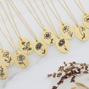 Wildflower Necklace • Birth Flower Jewelry • Mother's Day Necklace • Gold Oval Charm • Gold Floral Charm • Plant Lover Gift • Mom Jewelry