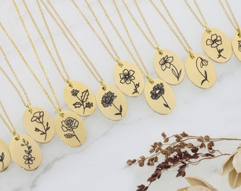 Wildflower Necklace • Birth Flower Jewelry • Mother's Day Necklace • Gold Oval Charm • Gold Floral Charm • Plant Lover Gift • Mom Jewelry