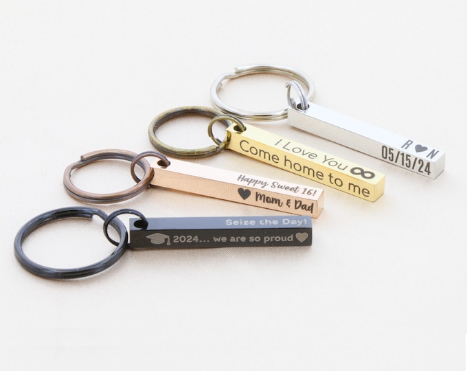 Personalized 4 Sided Bar Keychain, Custom Engraved Name Gift