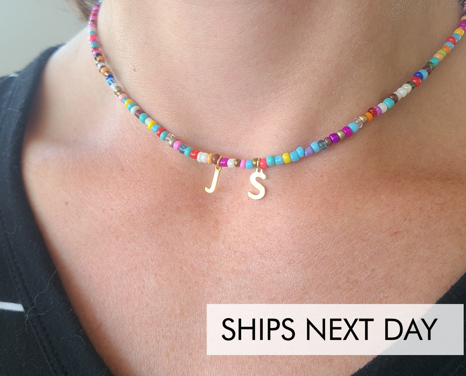 11. DistinctlyIvy Colorful Beaded Initial Necklace