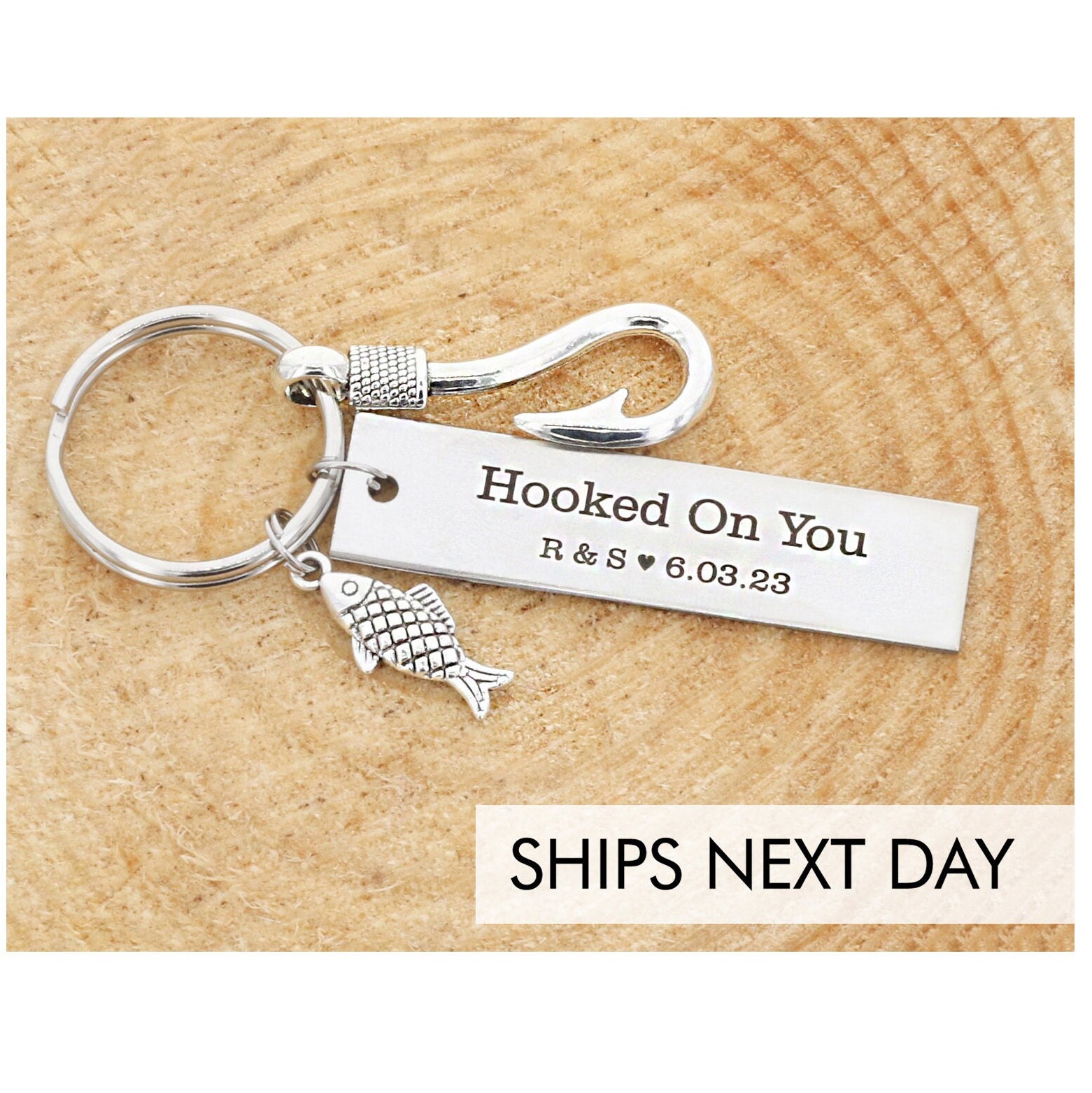 DistinctlyIvy Fishing Gift * Boyfriend Keychain * Husband Gift Him * Guy Gift * Fisherman Keychain * Fish Hook * Anniversary Gift * Funny Couple Initial