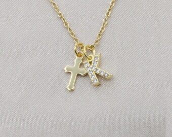 Tiny Gold Cross Custom Initial Necklace • Girls Baptism • Minimalist Religious Jewelry • Layering Charm •Christian Gift Jesus Pastor Jewelry