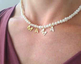 Mama Gift • Mother's Day Necklace • Strung Pearl Gold Letter Jewelry • Custom Initial • Pearl Name Necklace • Mom Gift Gift for Her Romantic