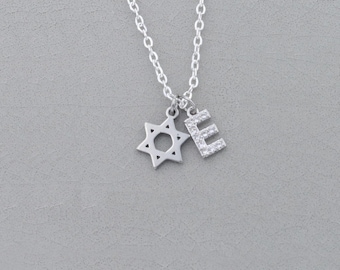 Jewish Charm Necklace: Silver Star of David with Custom CZ Initial