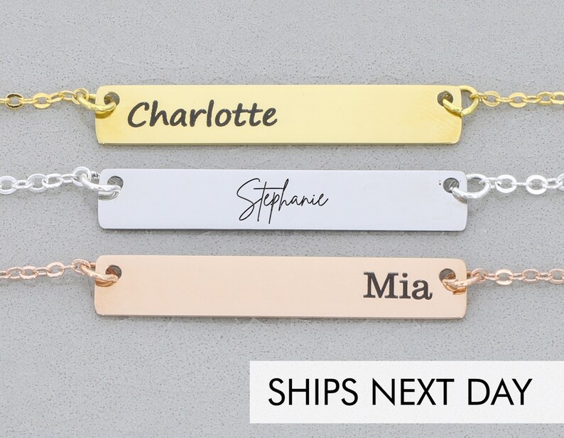 Silver Bar Necklace Rose Gold Bar Necklace Custom Name Bar Nameplate Necklace Personalized Bar Layered Bar Jewelry / Horizontal 