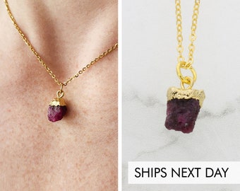 Valentine Necklace • Ruby Gemstone Charm Jewelry • Red Gift for Her Valentines Gift • Ruby Necklace Dark Red Jewelry Raw Stone Pendant