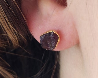 Garnet Gemstone Stud Earrings Gold Post Earrings - 18K Gold Sterling Silver Natural Stone Valentine January Wedding Bridesmaid Gift Dark Red