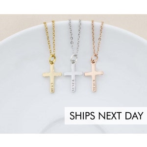 Baptism Gift Custom Cross Necklace Christian Jewelry First Communion Necklace Girls Baptism Necklace Personalized Date Gold image 2