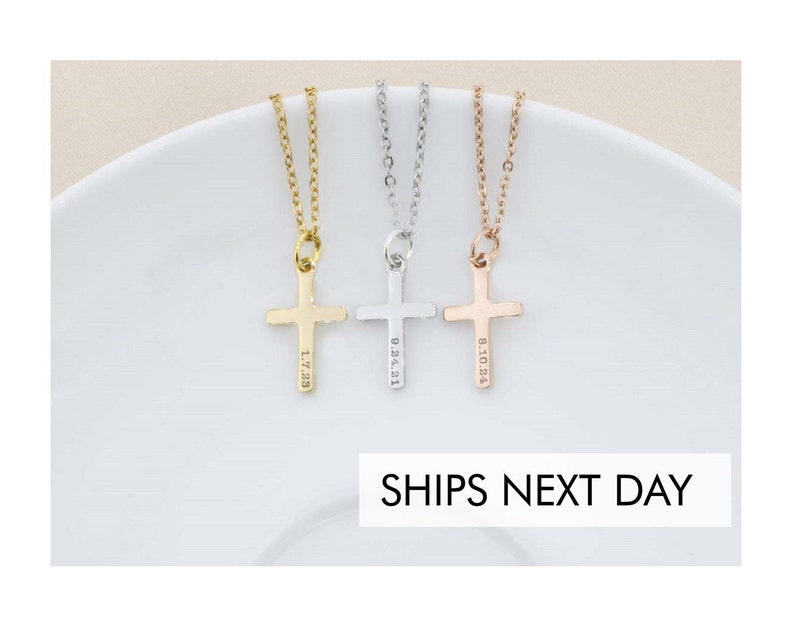 Baptism Gift Custom Cross Necklace Christian Jewelry First Communion Necklace Girls Baptism Necklace Personalized Date Gold image 2