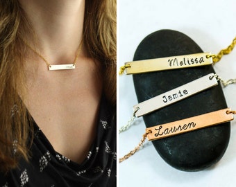 Name Bar Necklace Rose Gold Bar Necklace • Silver Bar Tag Custom Name Personalized Bar • Nameplate Silver Bar Horizontal Handstamped Name