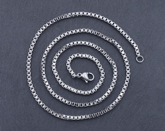 Silver 2mm Box Chain: Stainless Steel Gold, Rose Gold Dainty Layering